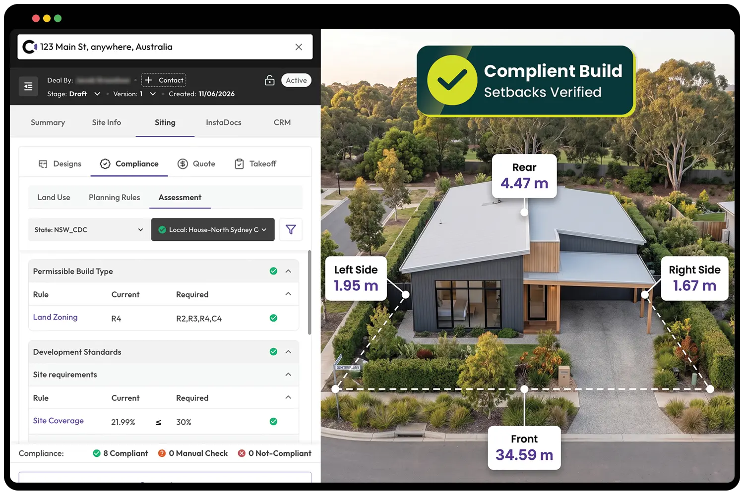 Canibuild dashboard showing site compliance assessment alongside an aerial view of a home with verified setback measurements